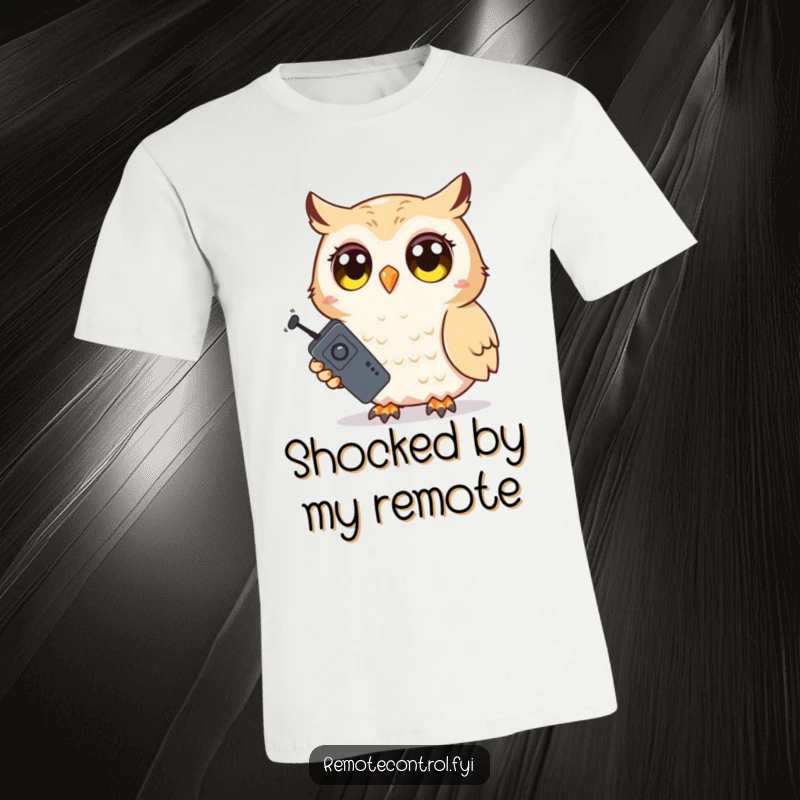 Funny Owl T-Shirt: Shy owl with wide, surprised eyes holding a television remote, caught in a moment of playful discovery.