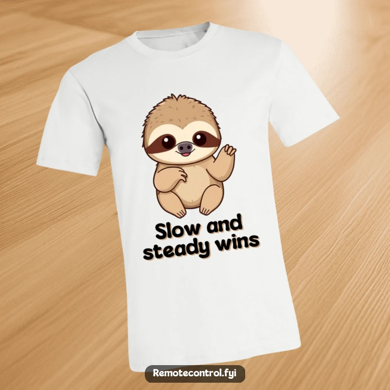 Funny content sloth slowly pushing a button with a single finger, printed on a humorous t-shirt.