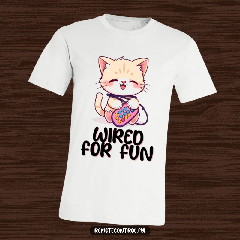 Funny kitten t-shirt, a happy, giggling kitten is hilariously ensnared in the messy cords of a colorful remote control.