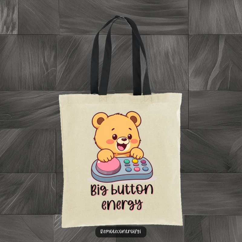 Funny bear cub tote bag, depicting a joyful cub excitedly pressing a large button on a remote, great for shopping.