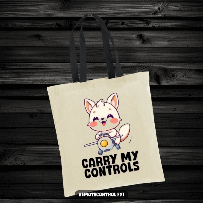 Funny tote bag showcasing a happy animal character with focused joy, piloting a flying toy.