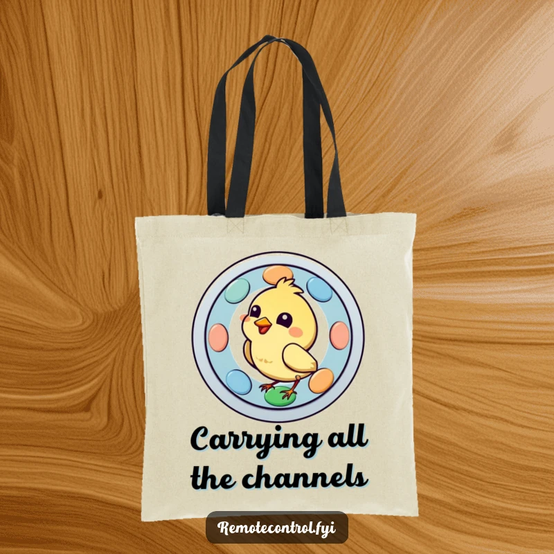 Funny bird character focused on pecking a large, colorful remote button on a tote bag, highlighting a humorous take on media control.