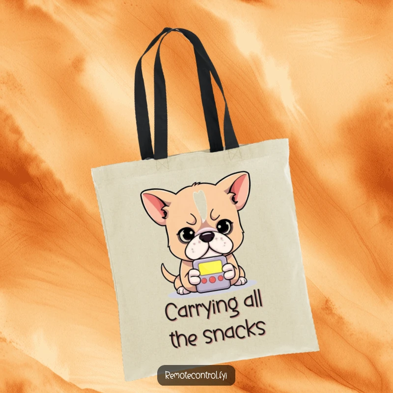 Funny dog tote bag featuring a determined dog intensely focused on the small, glowing screen of a remote control.