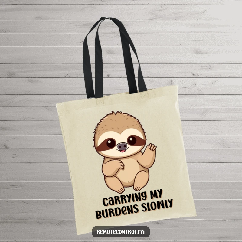 Funny content sloth slowly pushing a button with a single finger, displayed on a functional and humorous tote bag.