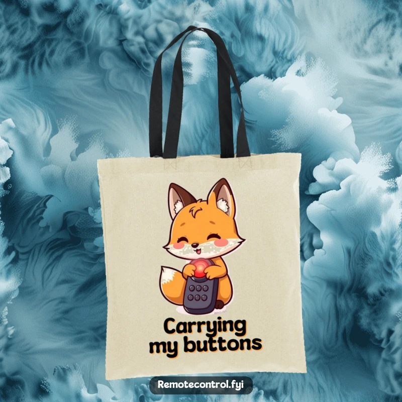 Funny fox tote bag, a sly fox is about to push a luminous red button on a remote, hinting at exciting possibilities.