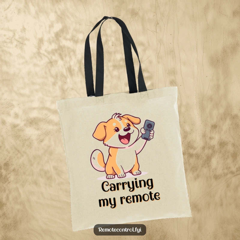 Funny dog tote bag showing an excited dog with a wagging tail holding a remote control, ready for errands.