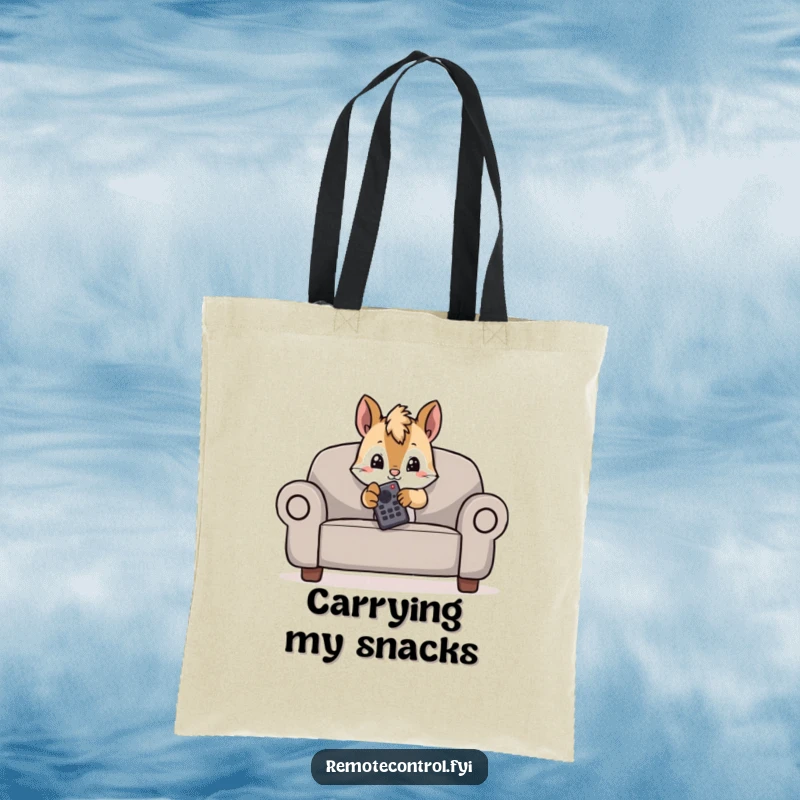 Funny tote bag with a mischievous squirrel hiding behind a couch, peeking with a remote control.