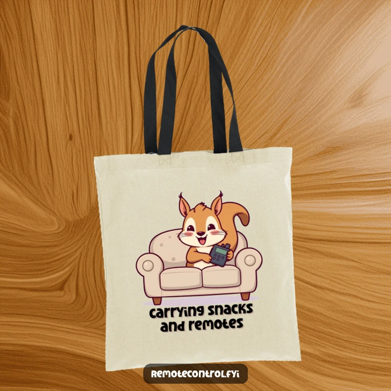 Funny tote bag features a cunning squirrel hiding behind a couch, clutching a TV remote, ready for adventure.