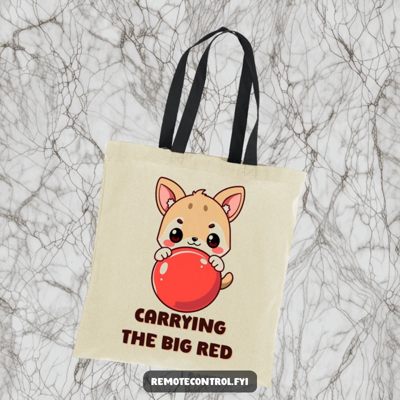 Funny Tote Bag: Cute Animal Character Eagerly Pressing a Large Red Button with Determined Expression, Humor for Movers.