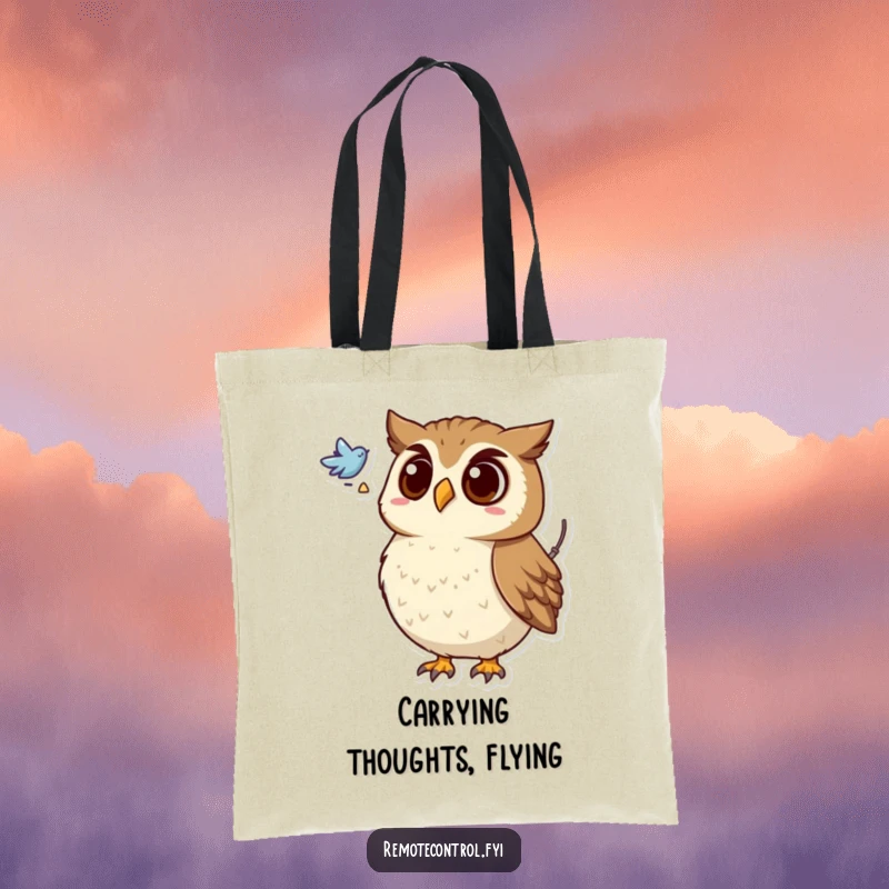 Funny tote bag with a surprised owl holding a remote, looking at a flying symbol, showcasing mysterious style.
