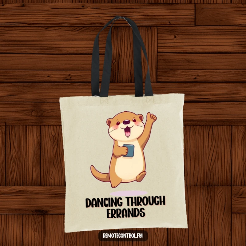 Funny tote bag with a jumping otter holding a remote, making virtual characters dance, showcasing party style.