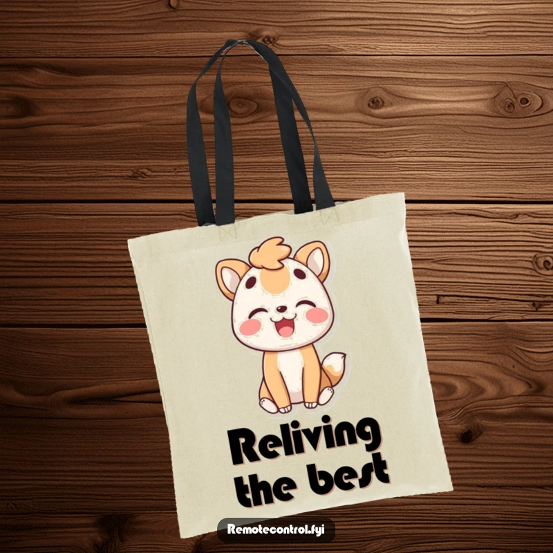 Funny tote bag illustrated with a joyful animal character happily rewinding a moment with a pleased expression, ideal for everyday use.