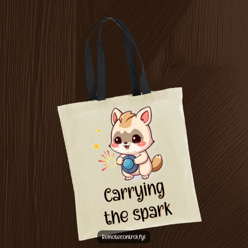 Funny tote bag illustrating a mischievous animal character pressing a button that emits vibrant, colorful sparks, ready for any outing.