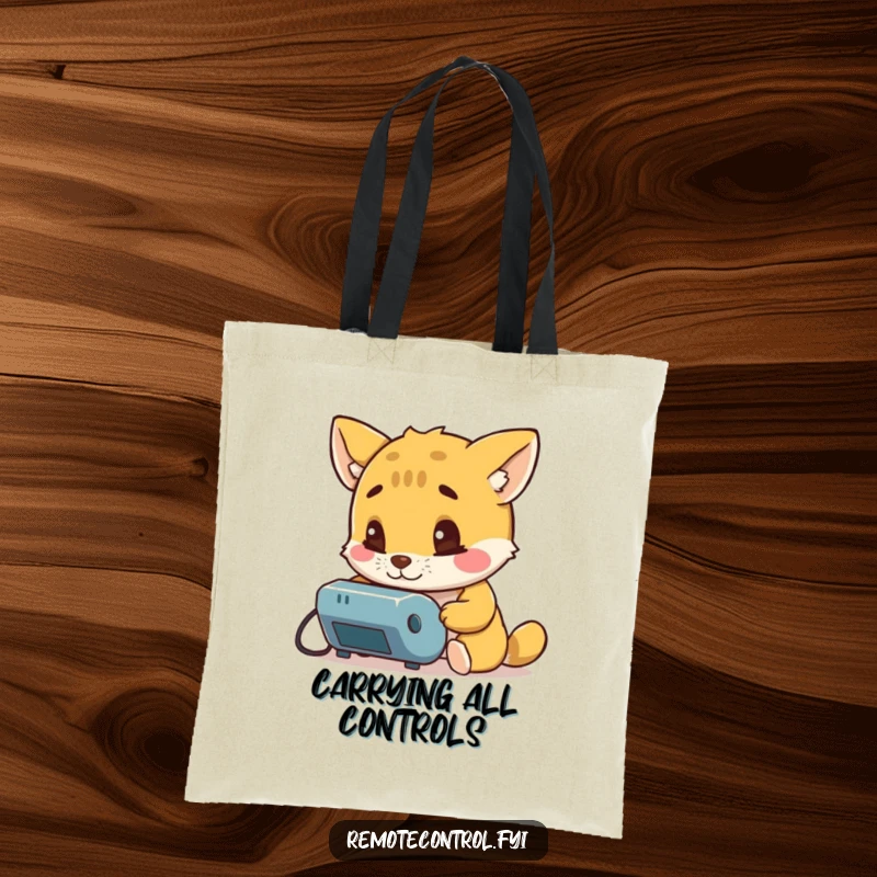 Funny tote bag illustrated with a curious animal character examining a remote control with intense focus, ready for any expedition.