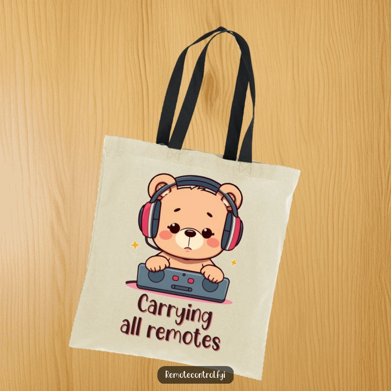 Funny tote bag with a playful bear wearing headphones, intensely focused on a TV remote, ready to carry groceries or snacks.