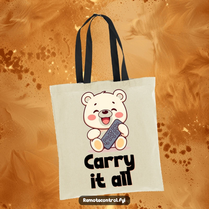 Funny Kawaii Bear Tote Bag with a grinning bear holding a remote control packed with numerous buttons, symbolizing command.