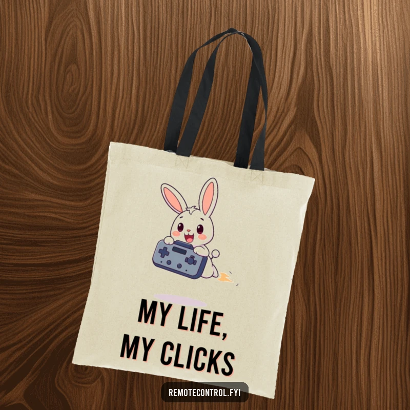 Funny bunny tote bag, a gleeful bunny character flies with a gigantic remote control, ready to conquer any task.