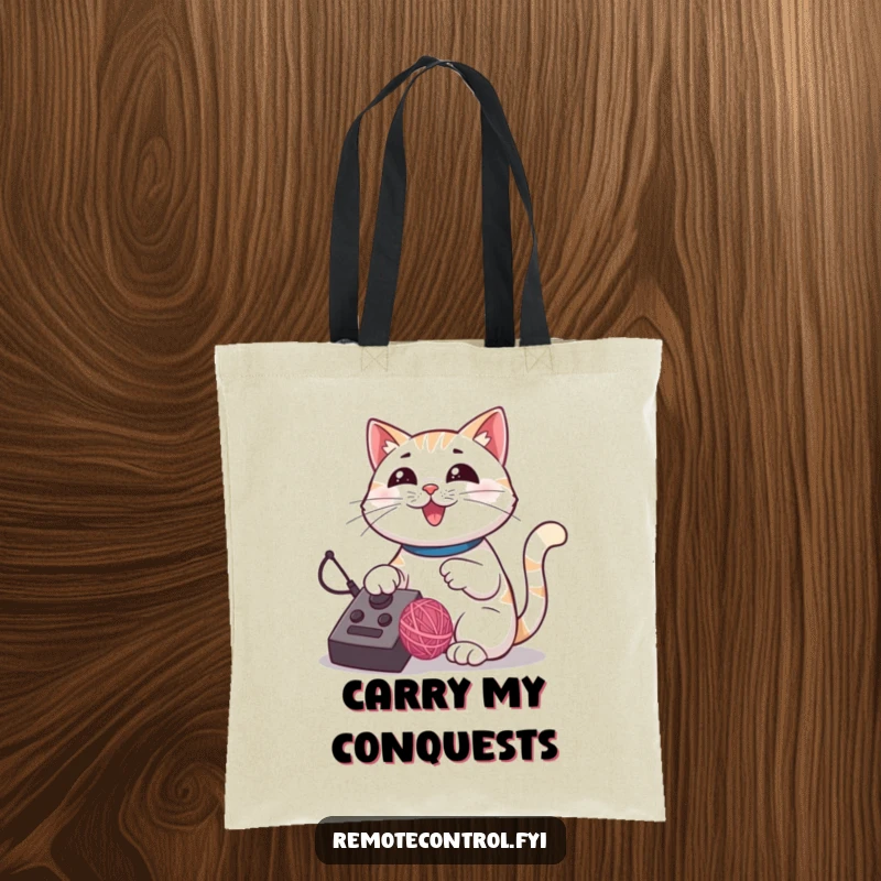 Funny cat tote bag featuring a proud cat using a remote control to manage a bouncing yarn ball.