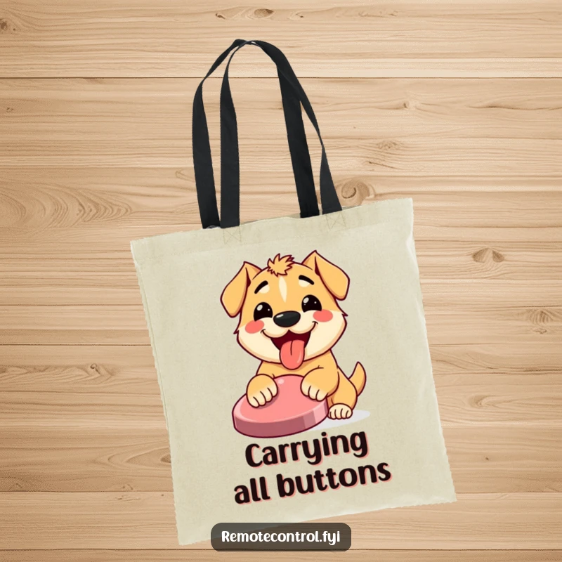 Funny tote bag with a happy dog, tongue out, enthusiastically pressing a large button, ready for any adventure.