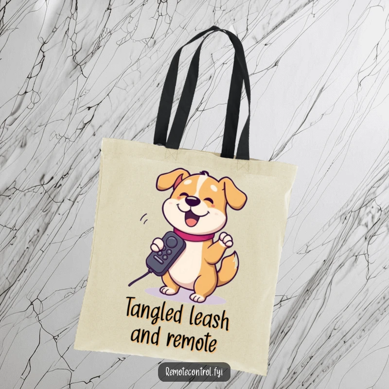 Funny dog character spinning a TV remote around its paw with exaggerated glee on a tote bag, highlighting playful control and humor.