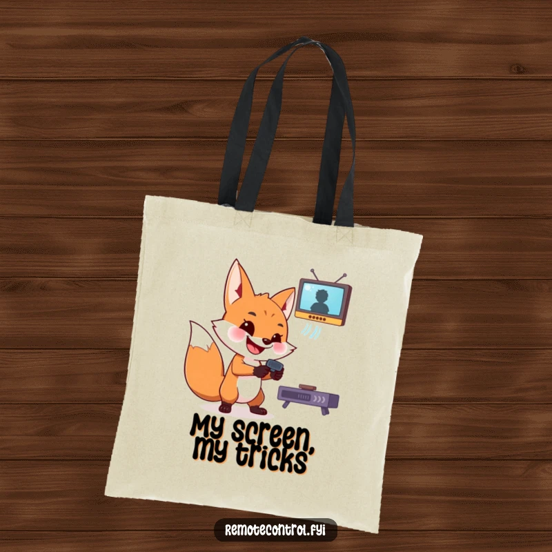 Funny fox tote bag with a mischievous grin, controlling a floating TV, ideal for carrying daily essentials.