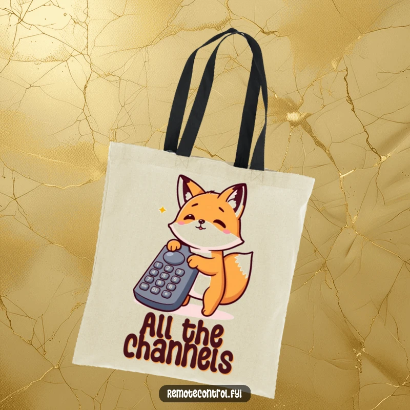 Funny Kawaii Fox Tote Bag with an enthusiastic fox energetically pressing many buttons on a large remote control.