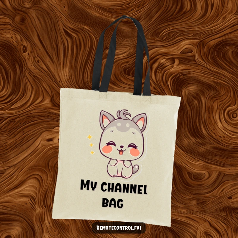 Funny tote bag featuring a giggling animal character with mischievous delight, enthusiastically changing TV channels.
