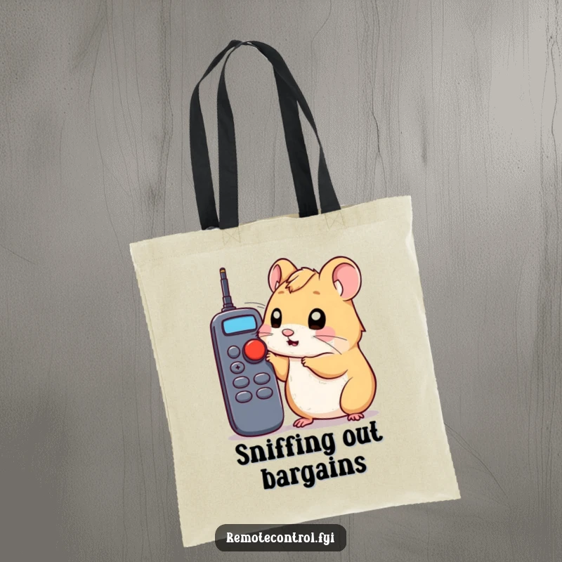 Funny hamster tote bag with a curious hamster poking a remote control button, a humorous and practical accessory.