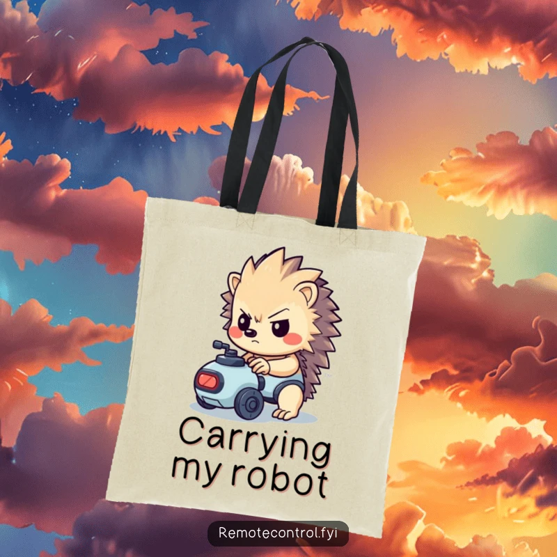 Funny kawaii hedgehog with a determined look controlling a tiny robot on a tote bag.