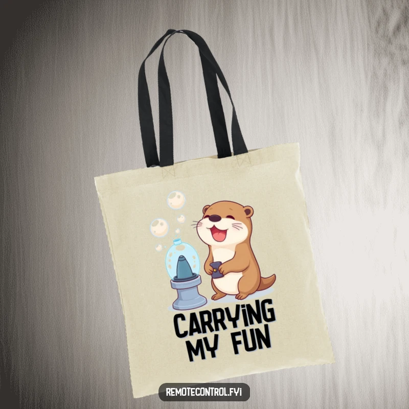 Funny otter character operating a remote to start a bubble machine on a tote bag, highlighting a humorous and carefree moment of fun.