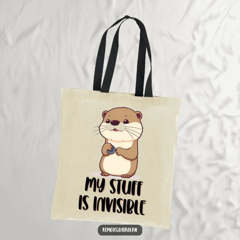 Funny curious otter using an invisible remote, displayed on a functional and humorous tote bag.