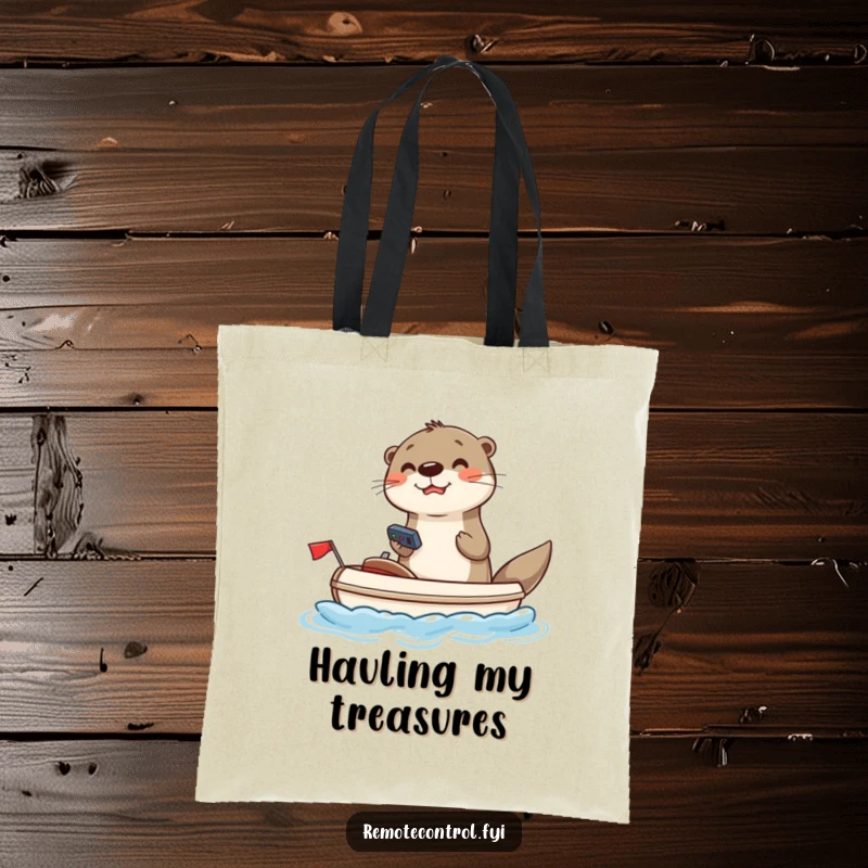 Funny otter tote bag with a joyful otter using a remote to steer a toy boat, a humorous and practical accessory.