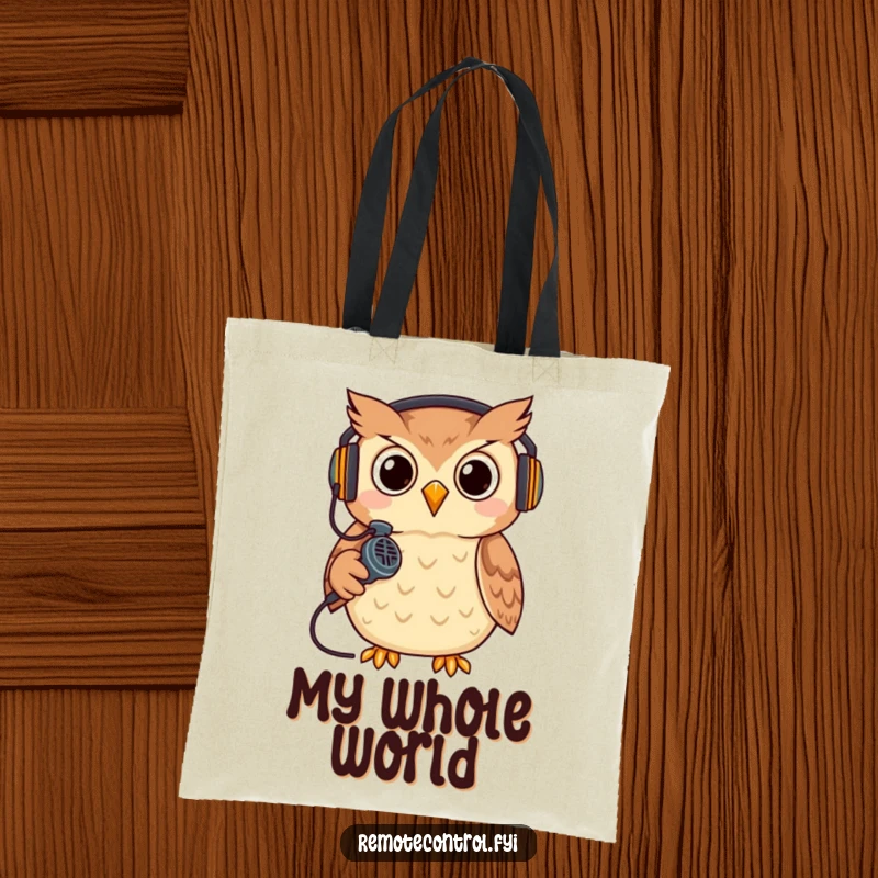 Funny owl wearing a headset, holding a remote like a microphone, gaming. Durable funny tote bag.