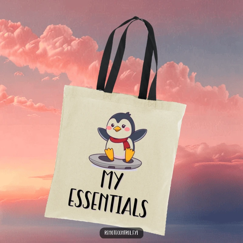 Funny determined penguin surfing on a remote control like a surfboard. Durable and funny tote bag.