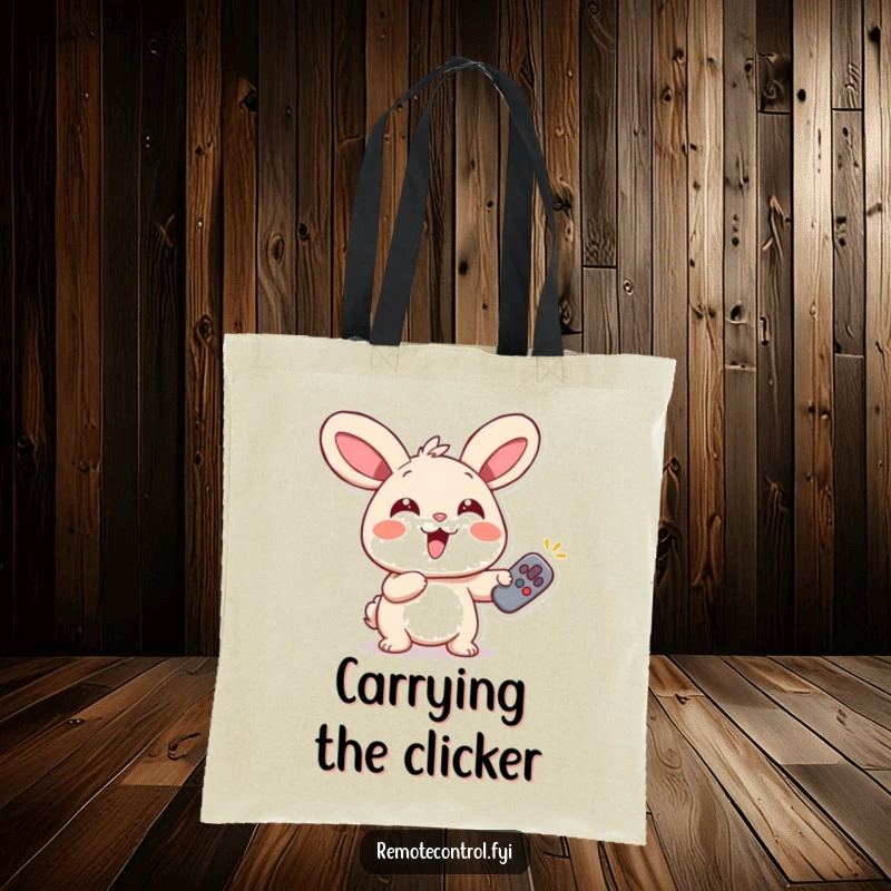 Funny Rabbit Remote Tote Bag featuring a giggling rabbit with wide eyes, enthusiastically pointing a remote, ideal for daily use.