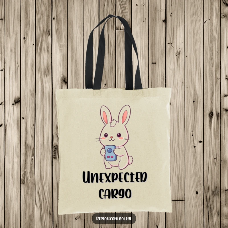 Funny Kawaii Rabbit Tote Bag showing a surprised rabbit holding a remote control, looking astonished by a button.