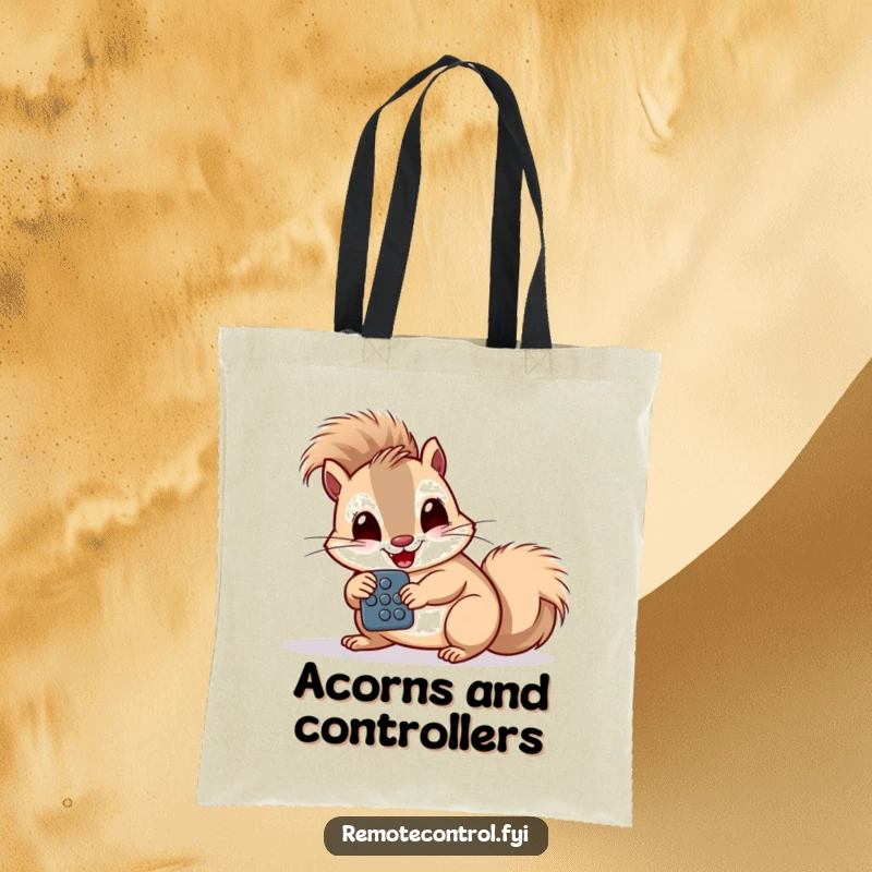 Funny giggling squirrel intently studying a remote control with large buttons on a tote bag.