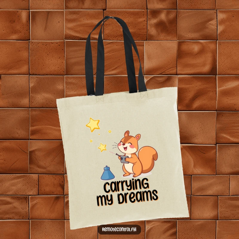 Funny Squirrel Tote Bag: Joyful squirrel using a remote control to launch a bright star into the sky, symbolizing hope and ambition.