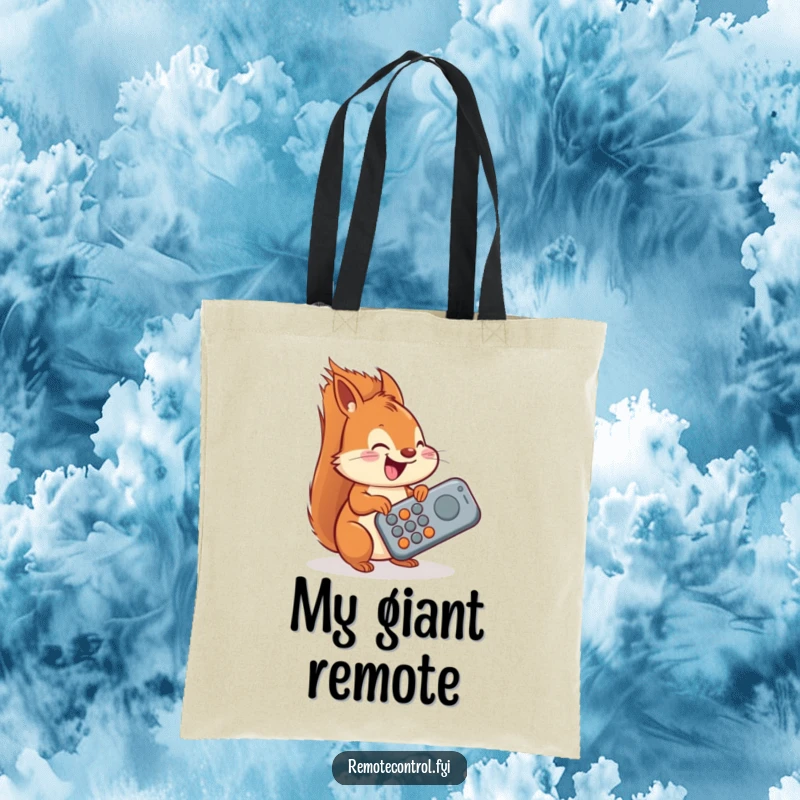 Funny squirrel tote bag, a delighted squirrel attempting to operate a giant oversized remote, perfect for carrying essentials.