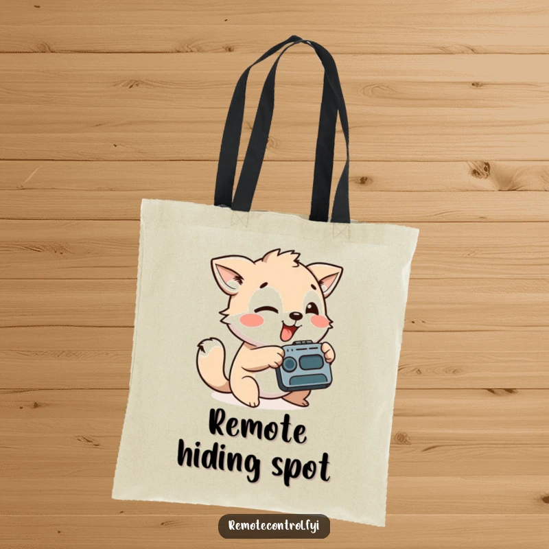 Funny tote bag with a playful animal character aiming a remote control with a silly face, ready for entertainment.